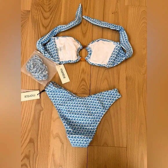 Montce Swim Bikini Set NWT Wave Repeat Tori Ties Bandeau Top & Lulu Bottoms S - Picture 4 of 13